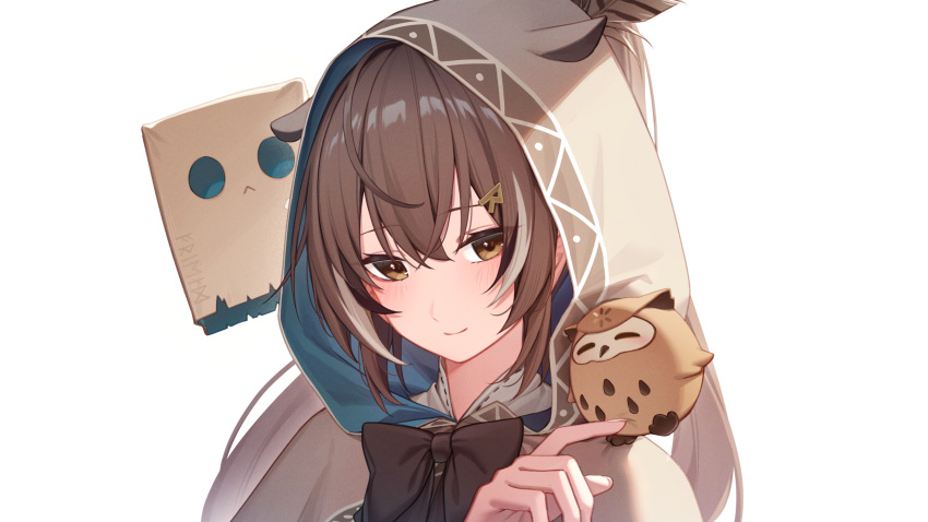 1girl bird blush brown_capelet brown_cloak brown_eyes brown_hair capelet cloak crossed_bangs ears_through_headwear erezu feather_hair_ornament feathers fingernails friend_(nanashi_mumei) hair_ornament highres hololive hololive_english hood hood_up hootsie_(nanashi_mumei) long_hair multicolored_hair nanashi_mumei nanashi_mumei_(1st_costume) owl ponytail ribbon shirt smile streaked_hair very_long_hair virtual_youtuber white_shirt