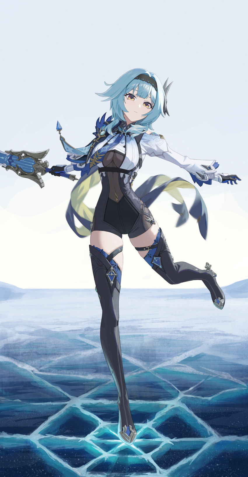 1girl absurdres black_hairband black_shorts black_thighhighs blue_hair blue_sky cloud day eula_(genshin_impact) frozen_lake genshin_impact gloves hair_ornament hairband high-waist_shorts highres holding holding_sword holding_weapon juliet_sleeves llami_0 long_sleeves looking_at_viewer medium_hair non-web_source outdoors puffy_sleeves shirt shorts sky solo standing sword thighhighs thighs weapon white_shirt wide_sleeves