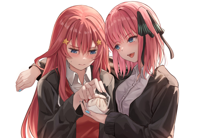 2girls 3: arm_around_neck baozi black_cardigan black_ribbon blue_eyes blue_nails blunt_bangs blush breast_press butterfly_hair_ornament cardigan casual closed_mouth commentary dress_shirt eyelashes eyes_visible_through_hair fingernails food frown go-toubun_no_hanayome hair_between_eyes hair_ornament hair_ribbon hand_up highres holding holding_food hug jitome light_blush lips long_hair long_sleeves looking_at_another looking_at_food medium_hair minase_iori multiple_girls nail_polish nakano_itsuki nakano_nino open_cardigan open_clothes pink_hair raikun_raikun reaching red_hair red_sweater_vest ribbon shirt siblings sidelocks simple_background sisters smile star_(symbol) star_hair_ornament steam straight_hair sweat sweater_vest twins upper_body very_long_hair white_background white_shirt