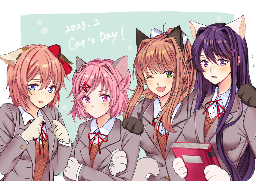 4girls :d absurdres animal_ear_fluff animal_ears animal_hands averting_eyes blazer blue_eyes blush book bow bowtie breasts brown_hair brown_sweater_vest cat_ears cat_tail closed_mouth commentary crossed_arms dated doki_doki_literature_club dress_shirt ears_down english_text expressionless flying_sweatdrops green_background green_eyes grey_jacket hair_bow hair_intakes hair_ornament hair_over_shoulder hair_ribbon hairclip hands_on_another's_shoulders height_difference highres holding holding_book jacket kemonomimi_mode large_breasts long_hair looking_ahead looking_at_viewer monika_(doki_doki_literature_club) multiple_girls nashifuji_kurumi natsuki_(doki_doki_literature_club) neck_ribbon nose_blush one_eye_closed open_clothes open_jacket open_mouth outside_border parted_lips pink_eyes pink_hair ponytail purple_eyes purple_hair red_bow red_bowtie red_ribbon ribbon sayori_(doki_doki_literature_club) school_uniform shirt short_hair sidelocks small_breasts smile sweater_vest swept_bangs tail two_side_up upper_body very_long_hair white_background white_bow white_shirt x_hair_ornament yuri_(doki_doki_literature_club)