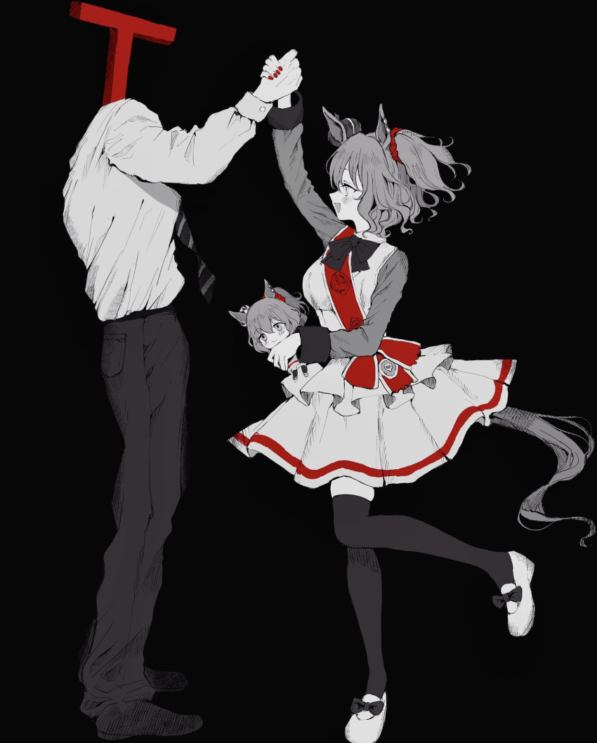 1boy 1girl animal_ears aston_machan_(umamusume) black_background bow bowtie character_doll crown doll dress full_body hair_ornament hair_scrunchie highres holding holding_doll holding_hands horse_ears horse_girl horse_tail loafers long_sleeves mini_crown necktie one_side_up pants red_nails red_scrunchie sash scrunchie shirt shoes short_hair simple_background spot_color t-head_trainer tail thighhighs tilted_headwear umamusume wavy_hair yuyuyuyhz zettai_ryouiki