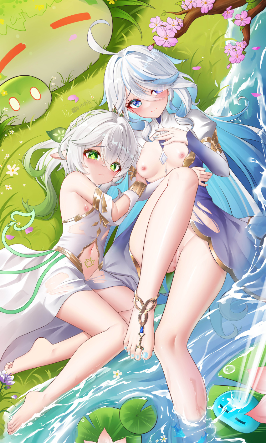 2girls absurdres barefoot blue_eyes blue_hair blush censored closed_mouth cosplay feet focalors_(genshin_impact) focalors_(genshin_impact)_(cosplay) furina_(genshin_impact) genshin_impact grass green_eyes highres incredibly_absurdres jndfh light_blue_hair long_hair looking_at_viewer mosaic_censoring multiple_girls nahida_(genshin_impact) nail_polish nipples outdoors pussy smile toenail_polish toenails toes water white_hair