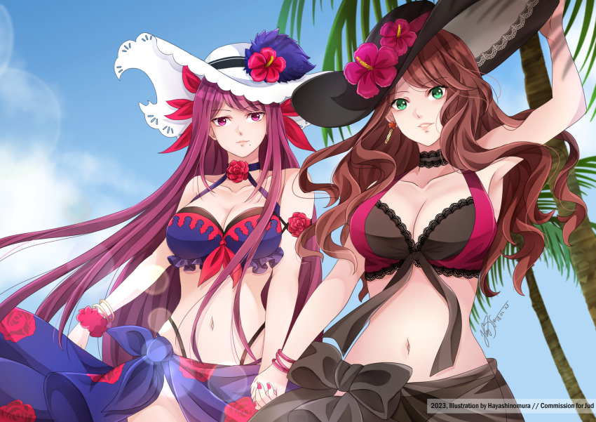 2girls alternate_costume bare_shoulders breasts cleavage closed_mouth crossover dorothea_arnault fire_emblem fire_emblem:_three_houses fire_emblem_engage fire_emblem_heroes floral_print flower hat hayashinomura highres holding_hands ivy_(fire_emblem) large_breasts light_smile long_hair looking_at_viewer multiple_girls official_alternate_costume print_sarong purple_eyes purple_hair red_flower red_rose rose rose_print sarong smile