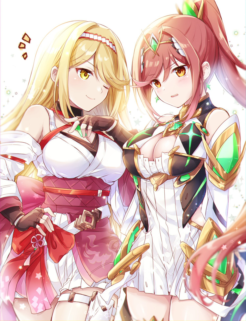 2girls alternate_costume bare_shoulders belt black_gloves blonde_hair blush breasts chest_jewel cleavage cleavage_cutout closed_mouth clothing_cutout commentary_request core_crystal_(xenoblade) cosplay costume_switch detached_sleeves dress earrings fingerless_gloves glimmer_(xenoblade) glimmer_(xenoblade)_(cosplay) gloves hand_on_own_hip highres japanese_clothes jewelry kimono large_breasts long_hair looking_at_another multiple_girls mythra_(xenoblade) mythra_(xenoblade)_(cosplay) obi one_eye_closed orange_eyes ponytail red_hair sash short_dress smile swept_bangs tiara ui_frara white_belt white_dress white_kimono xenoblade_chronicles_(series) xenoblade_chronicles_2 xenoblade_chronicles_3 xenoblade_chronicles_3:_future_redeemed yellow_eyes