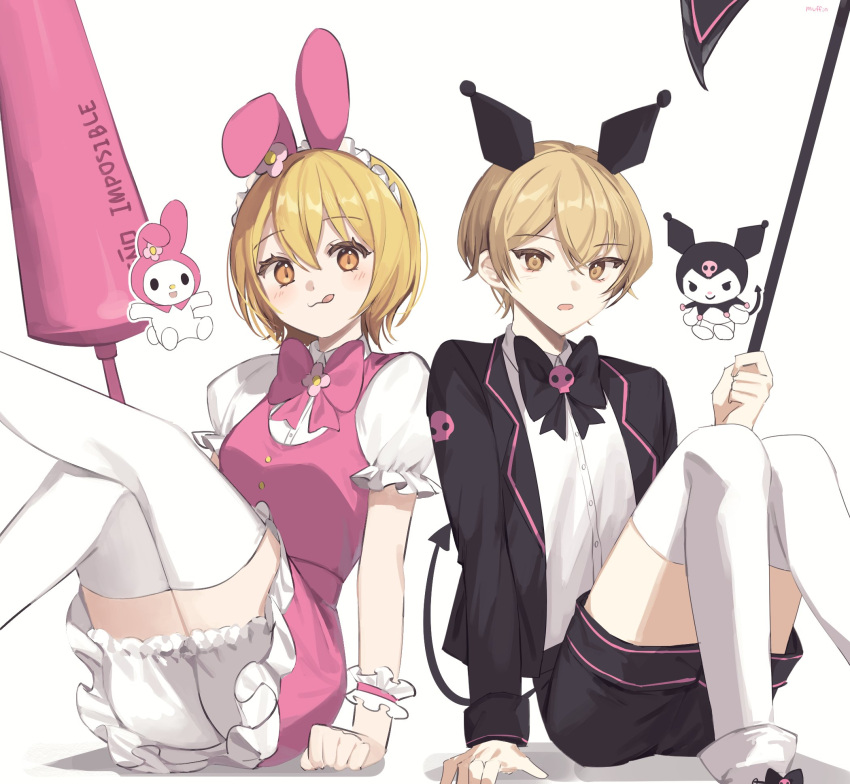 1boy 1girl animal_ears axe bat_ears black_jacket black_shorts blonde_hair bloomers collared_shirt cosplay demon_tail don_quixote_(limbus_company) frilled_sleeves frills highres holding holding_axe holding_polearm holding_weapon jacket kuromi kuromi_(cosplay) lance legs_up limbus_company long_sleeves love_mintchoco maid_headdress my_melody my_melody_(cosplay) onegai_my_melody pink_skirt pink_vest polearm project_moon puffy_short_sleeves puffy_sleeves rabbit_ears shirt short_hair short_sleeves shorts simple_background sinclair_(limbus_company) skirt tail thighhighs underwear vest weapon white_background white_bloomers white_shirt white_thighhighs yellow_eyes