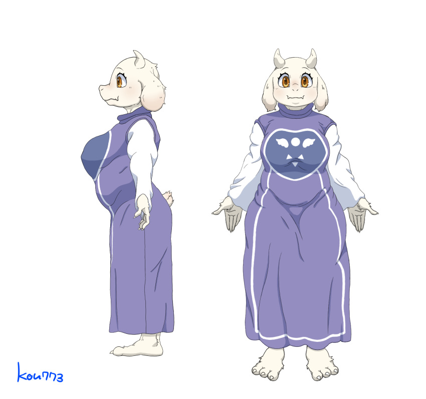 anthro bovid caprine clothing feet female fur goat hi_res kouhaku773 mammal model_sheet orange_eyes overweight purple_clothing solo tail toriel undertale_(series) white_body white_fur