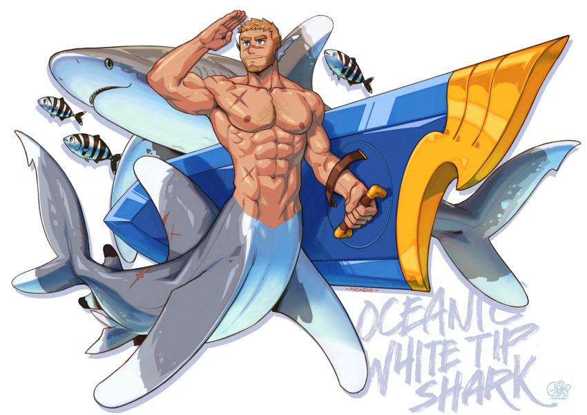 5_fingers abs absurd_res ambiguous_gender beard biceps carcharhinus countershade_torso countershading dorsal_fin ear_fins english_text eyebrows facial_hair facial_scar feral fin fingers fish gills group hair hi_res holding_object holding_shield legless male marine merfolk mondoart muscular muscular_male oceanic_whitetip_shark pecs requiem_shark scar shark shark_merfolk shield simple_background smile split_form tail tail_fin text white_background x_scar