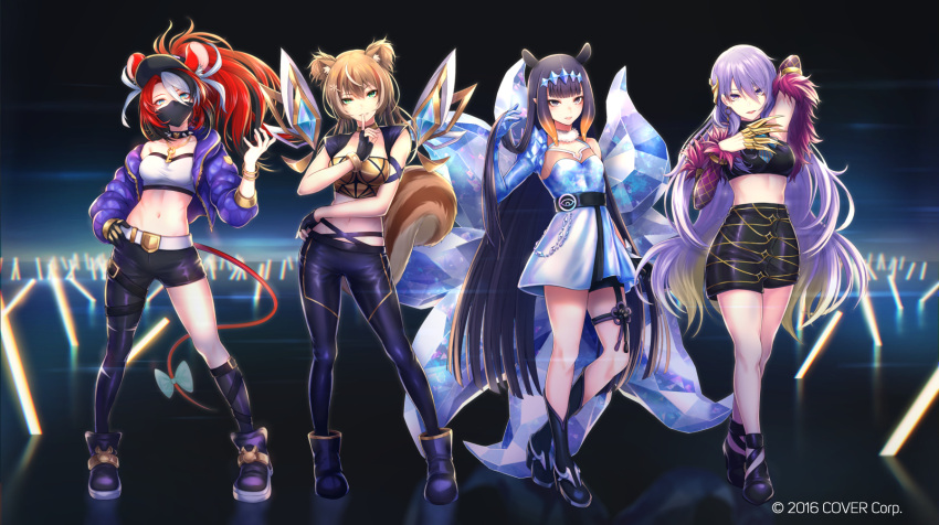 4girls ahri_(league_of_legends) ahri_(league_of_legends)_(cosplay) akali akali_(cosplay) animal_ears arm_up armpits asymmetrical_legwear asymmetrical_pants ayunda_risu bare_shoulders baseball_cap belt black_choker black_footwear black_hair black_mask black_pants blonde_hair blue_eyes blunt_bangs bow breasts brown_hair can choker claws colored_inner_hair commentary_request cosplay crop_top english_commentary evelynn_(league_of_legends) evelynn_(league_of_legends)_(cosplay) floating_hair fox_tail full_body gold_necklace gradient_hair green_eyes hair_ornament hairclip hakos_baelz hand_on_own_hip hand_up hat highres hololive hololive_english hololive_indonesia jacket jewelry k/da_(league_of_legends) k/da_ahri k/da_akali k/da_evelynn k/da_kai'sa kai'sa kai'sa_(cosplay) key_necklace large_breasts league_of_legends long_hair looking_at_viewer mask medium_breasts midriff mixed-language_commentary moona_hoshinova mouse_ears mouse_girl mouth_mask multicolored_hair multiple_girls multiple_tails navel necklace ninomae_ina'nis orange_hair pants pointy_ears purple_eyes purple_hair purple_jacket re_(re_09) red_hair shoes sidelocks skirt small_breasts sneakers spiked_choker spikes squirrel_ears squirrel_girl squirrel_tail standing stomach streaked_hair tail tail_bow tail_ornament teeth tentacle_hair two-tone_hair virtual_youtuber white_belt white_hair window