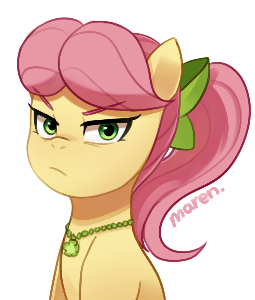 earth_pony equid equine eyebrows fur green_eyes hair hasbro hi_res horse jewelry looking_at_viewer mammal marenlicious mlp_g5 my_little_pony necklace pink_eyebrows pink_hair pony ponytail posey_(g5) simple_background stern_look white_background yellow_body yellow_fur