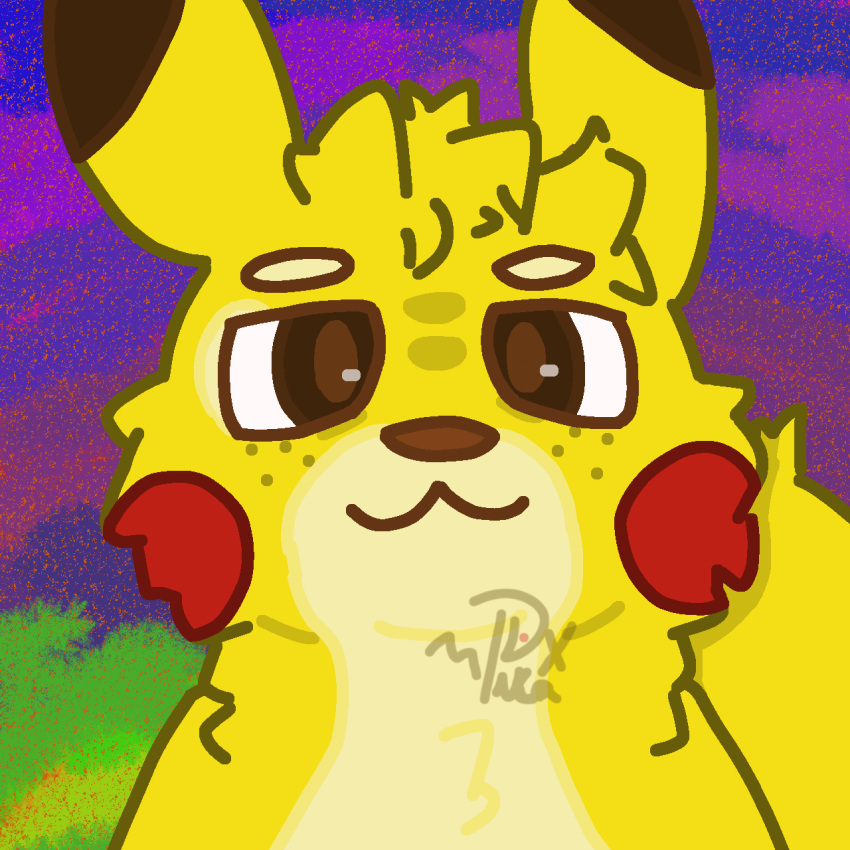 brown_eyes digital_drawing_(artwork) digital_media_(artwork) dipstick_ears freckles fur generation_1_pokemon grass hi_res looking_at_viewer looking_down multicolored_ears nintendo pikachu pikachu-deluxe plant pokemon pokemon_(species) ray_(pikachu) red_cheeks signature sky solo yellow_body yellow_fur