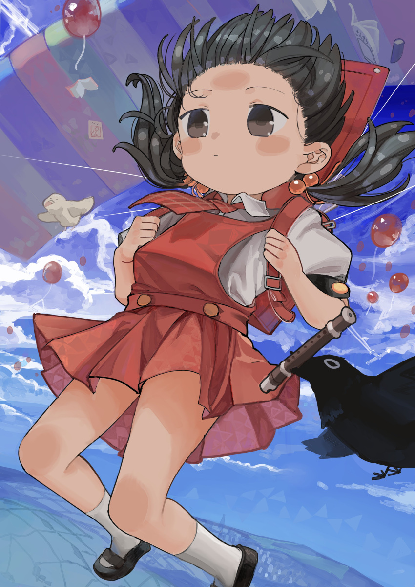 1girl absurdres backpack bag balloon bird black_hair blue_sky blush_stickers brown_eyes cloud cloudy_sky collared_shirt commentary_request crow day dove dress expressionless feet_up floating_hair foot_out_of_frame forehead hair_bobbles hair_ornament highres instrument kaai_yuki kyoufuu_all_back_(vocaloid) looking_down low_twintails mary_janes microa midair necktie notebook parachute pinafore_dress plaid_necktie pleated_dress puffy_short_sleeves puffy_sleeves randoseru recorder red_bag red_dress red_necktie shirt shoes short_dress short_sleeves sky sleeveless sleeveless_dress socks solo twintails vocaloid white_shirt white_socks wind