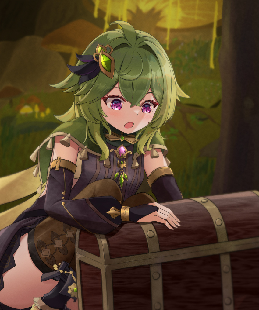 1girl absurdres akuame_(ring3922) black_dress black_feathers black_sleeves brown_thighhighs cape collei_(genshin_impact) cropped_feet detached_sleeves dot_nose dress feathers forest gem genshin_impact gloves gold_trim green_cape green_gemstone green_hair hair_between_eyes hair_ornament hair_stick half_gloves highres holding legs_together light_blush looking_at_object mushroom nature on_floor patterned_clothing solo sparkling_eyes thighhighs treasure_chest