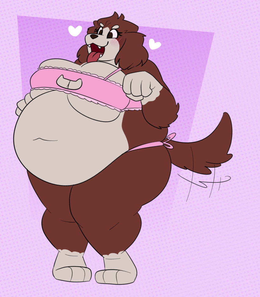 &lt;3 3_toes 4_fingers anthro belly_overhang big_breasts bird_dog blush blush_lines breast_squish breasts brown_body brown_fur canid canine canis clothing domestic_dog feet female fingers fur gutgunk hi_res huge_breasts huge_hips huge_thighs hunting_dog kooikerhondje love mammal mariesun navel navel_outline obese obese_female overweight overweight_female pink_background pink_clothing simple_background solo spaniel squish tail tail_motion tailwag tan_body tan_fur thick_thighs toes underwear