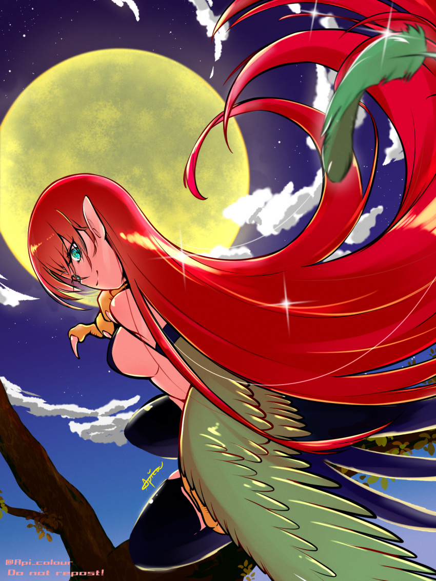 1girl artist_name bare_shoulders breasts claws colour-disaster commentary_request duel_monster feathered_wings feathers full_moon green_eyes green_feathers green_wings harpie_lady harpie_lady_1 harpy highres large_breasts long_hair looking_at_viewer monster_girl moon night night_sky pointy_ears red_hair sideboob sky solo very_long_hair winged_arms wings yu-gi-oh!