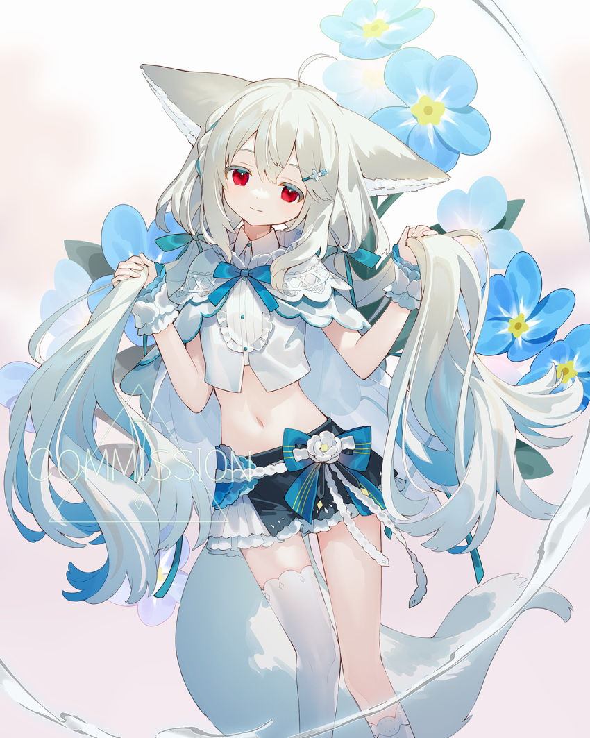1girl ahoge animal_ears asymmetrical_legwear black_skirt blue_flower capelet closed_mouth commentary_request commission crop_top feet_out_of_frame flower grey_hair hair_ornament hairclip head_tilt highres holding holding_hair long_hair low_twintails midriff navel original partial_commentary sakurada_shiro shirt skeb_commission skirt smile socks solo standing tail thighhighs twintails very_long_hair watermark white_capelet white_shirt white_socks white_thighhighs yamiko