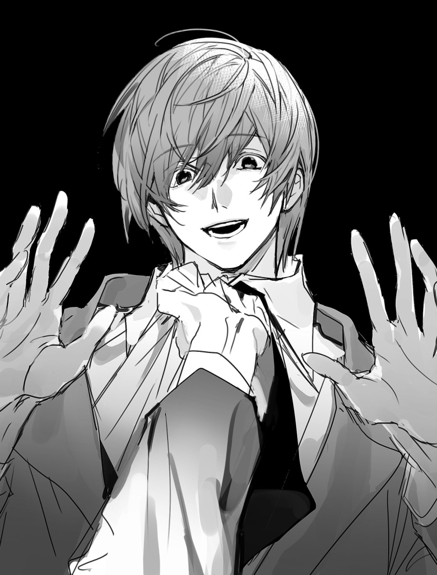 1boy 1other black_background clothes_grab collared_shirt death_note greyscale hair_between_eyes highres jacket long_sleeves looking_at_viewer male_focus monochrome necktie noren_(noren1512) open_hands open_mouth pov shirt shirt_grab simple_background sketch solo upper_body yagami_light