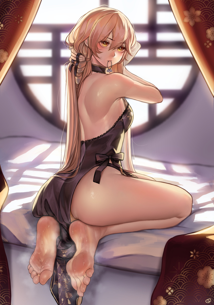 1girl absurdres armpit_crease ass back backless_dress backless_outfit bare_legs bare_shoulders barefoot black_bow black_dress black_ribbon blonde_hair blurry blurry_background blush bow breasts closed_mouth commentary commission curtains depth_of_field dress english_commentary eyelashes feet foot_focus from_behind full_body girls'_frontline gold_trim greek_toe hair_between_eyes hair_ribbon highres indoors legs long_hair looking_at_viewer looking_back medium_breasts mouth_hold nikishiko official_alternate_costume on_bed ots-14_(girls'_frontline) pixiv_commission ribbon seiza shadow shiny_skin side_slit sideboob sidelocks sitting smell soles solo steaming_body sweatdrop thighs toes tying_hair very_long_hair window yellow_eyes