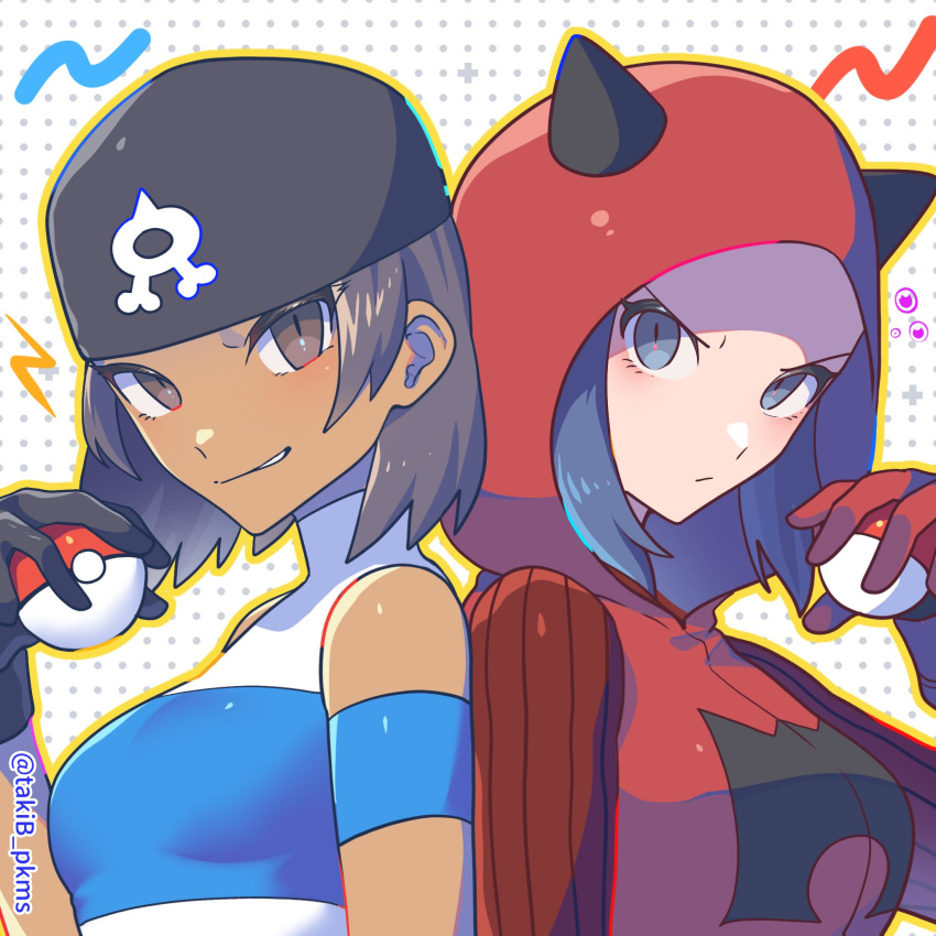 2girls armband bandana black_bandana black_gloves brown_eyes closed_mouth commentary_request dark-skinned_female dark_skin fake_horns gloves grey_eyes highres holding holding_poke_ball hood hood_up horns logo looking_to_the_side multiple_girls parted_lips poke_ball poke_ball_(basic) pokemon pokemon_oras shirt short_hair sleeveless sleeveless_shirt smile smirk striped striped_shirt takibpkms team_aqua team_aqua_grunt team_magma team_magma_grunt team_magma_uniform upper_body