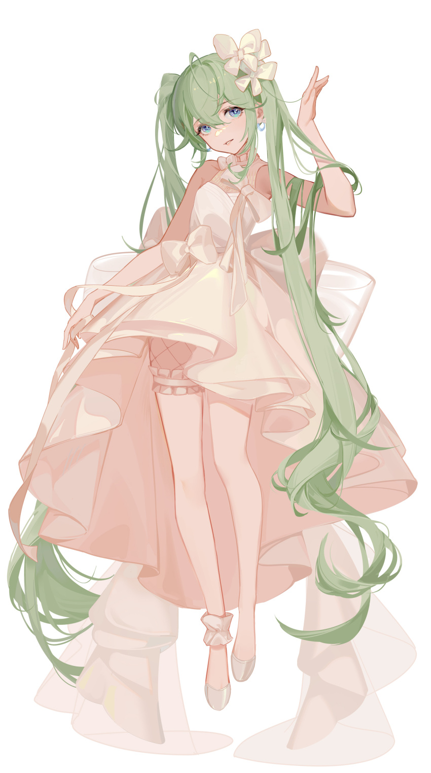 1girl absurdly_long_hair absurdres ankle_scrunchie arm_at_side armpit_crease aryarwr back_bow bare_arms bare_legs blue_eyes bow bow_earrings bridal_garter chest_bow commentary dress earrings eyelashes flats full_body green_hair hair_bow halter_dress halterneck hand_up hatsune_miku head_tilt high-low_skirt highres hoop_earrings jewelry legs_together light_smile long_dress long_hair long_legs looking_at_viewer parted_lips scrunchie shoes simple_background sleeveless sleeveless_dress solo straight_hair tareme twintails very_long_hair vocaloid waist_bow white_background white_bow white_bridal_garter white_dress white_footwear white_scrunchie