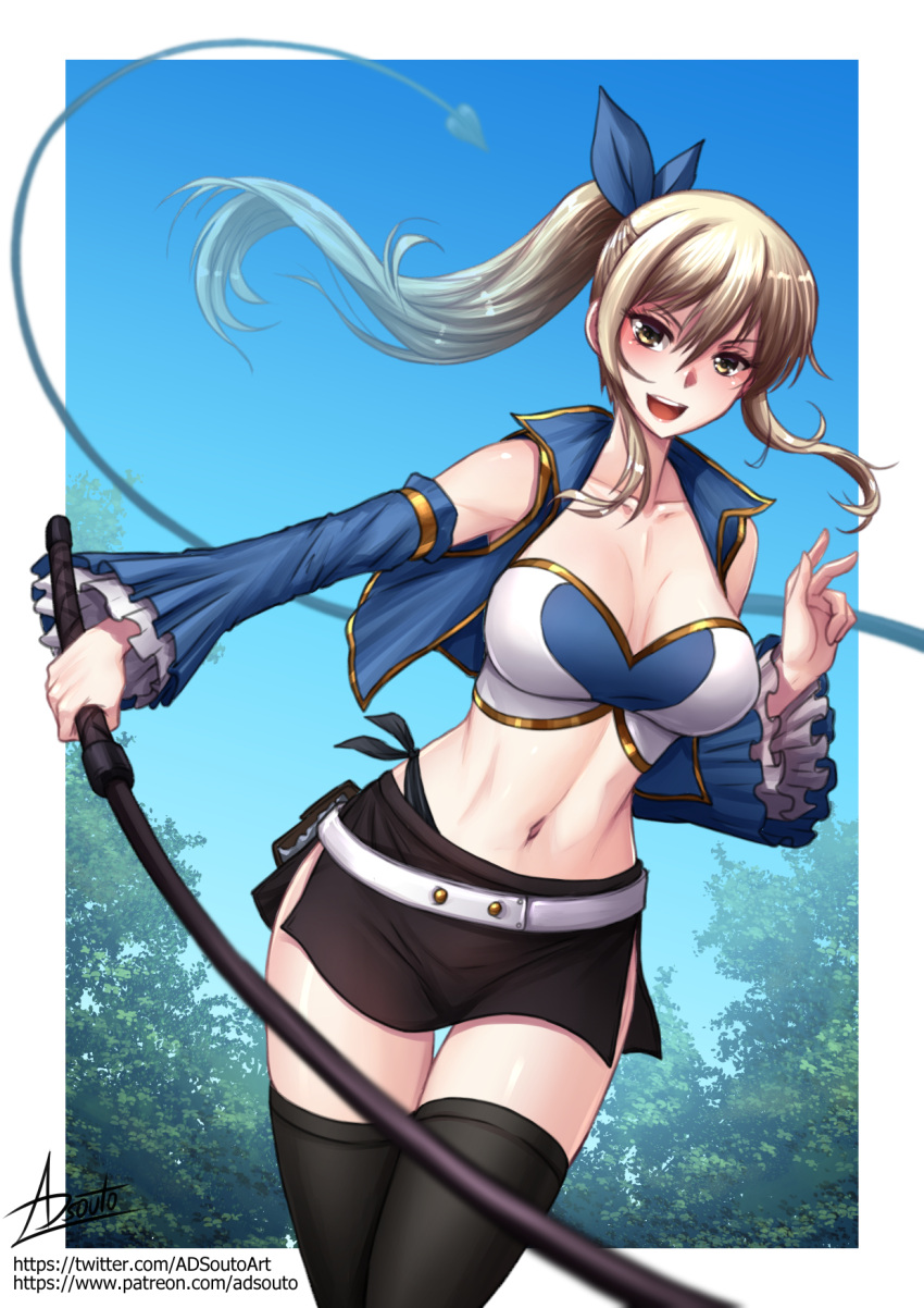 1girl :d adsouto blonde_hair breasts collarbone crop_top detached_sleeves fairy_tail hair_ribbon highres holding holding_whip long_hair looking_at_viewer lucy_heartfilia medium_breasts navel ponytail ribbon shiny_skin signature skirt smile solo teeth thighhighs upper_teeth_only whip yellow_eyes