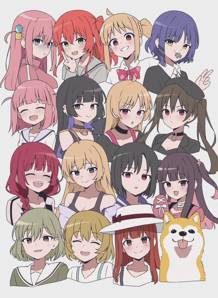 6+girls ^_^ ahoge amogan beret black_choker black_hair black_headwear black_sweater blonde_hair blue_eyes blue_hair blunt_bangs bocchi_the_rock! bow bowtie braid breasts brown_hair character_request check_character choker closed_eyes collared_shirt colored_inner_hair cube_hair_ornament detached_ahoge dog facing_viewer fan_1-gou fan_2-gou gotoh_futari gotoh_hitori green_eyes green_hair grey_background hair_between_eyes hair_ornament hair_over_shoulder hat highres hiroi_kikuri ijichi_nijika ijichi_seika iwashita_shima jacket jimihen kita_ikuyo large_breasts long_hair looking_at_viewer mole mole_under_eye multicolored_hair multiple_girls off_shoulder one_side_up ootsuki_yoyoko pa-san pink_bow pink_bowtie pink_hair pink_jacket pink_track_suit purple_hair red_eyes red_hair sailor_collar satou_aiko school_uniform sharp_teeth shiba_inu shimizu_eliza shimokitazawa_high_school_uniform shirt short_hair shuka_high_school_uniform siblings side_ponytail sidelocks simple_background sisters sweater teeth tongue tongue_out track_jacket twintails very_long_hair white_headwear white_shirt yamada_ryo yellow_eyes