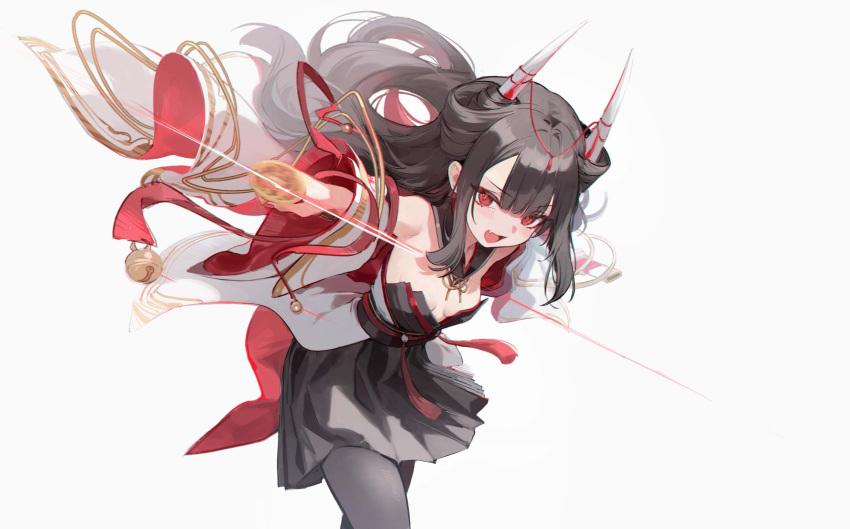 1girl azur_lane bell black_dress black_hair black_pantyhose breasts detached_collar dress fang hatsuzuki_(azur_lane) highres holding holding_sheath holding_sword holding_weapon horns japanese_clothes jingle_bell katana long_hair looking_at_viewer nekojira oni_horns open_mouth pantyhose red_eyes sheath simple_background skin_fang slashing small_breasts smile solo sword weapon white_background