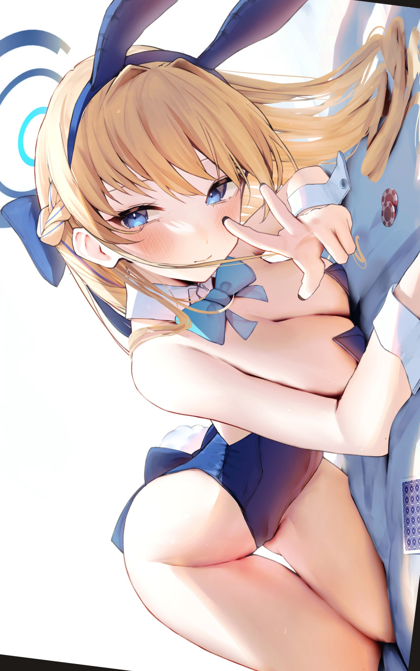 1girl absurdres all_fours animal_ears backless_leotard bare_shoulders blonde_hair blue_archive blue_bow blue_bowtie blue_eyes blue_hair blue_leotard blush bow bowtie braid breasts cleavage comiket_102 commentary_request covered_navel detached_collar fake_animal_ears groin hair_bow halo highres hip_focus leotard long_hair looking_at_viewer medium_breasts multicolored_hair nidaime_(doronbo) official_alternate_costume playboy_bunny rabbit_ears rabbit_tail sideways smile solo streaked_hair tail thigh_gap thighs toki_(blue_archive) toki_(bunny)_(blue_archive) top-down_bottom-up v very_long_hair wrist_cuffs