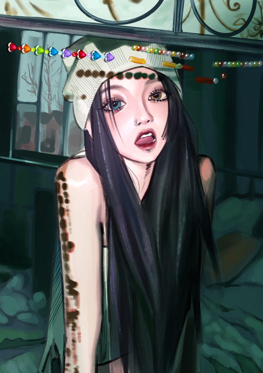 1girl absurdres arm_tattoo beanie bed black_hair blue_eyes brown_eyes chin_piercing g-i-dle grey_camisole grey_headwear hat heart heterochromia highres indoors k-pop long_hair looking_at_viewer mei_qian_xue_maple nose_piercing open_mouth piercing procreate_(medium) real_life realistic solo song_yu_qi tattoo tree very_long_hair window