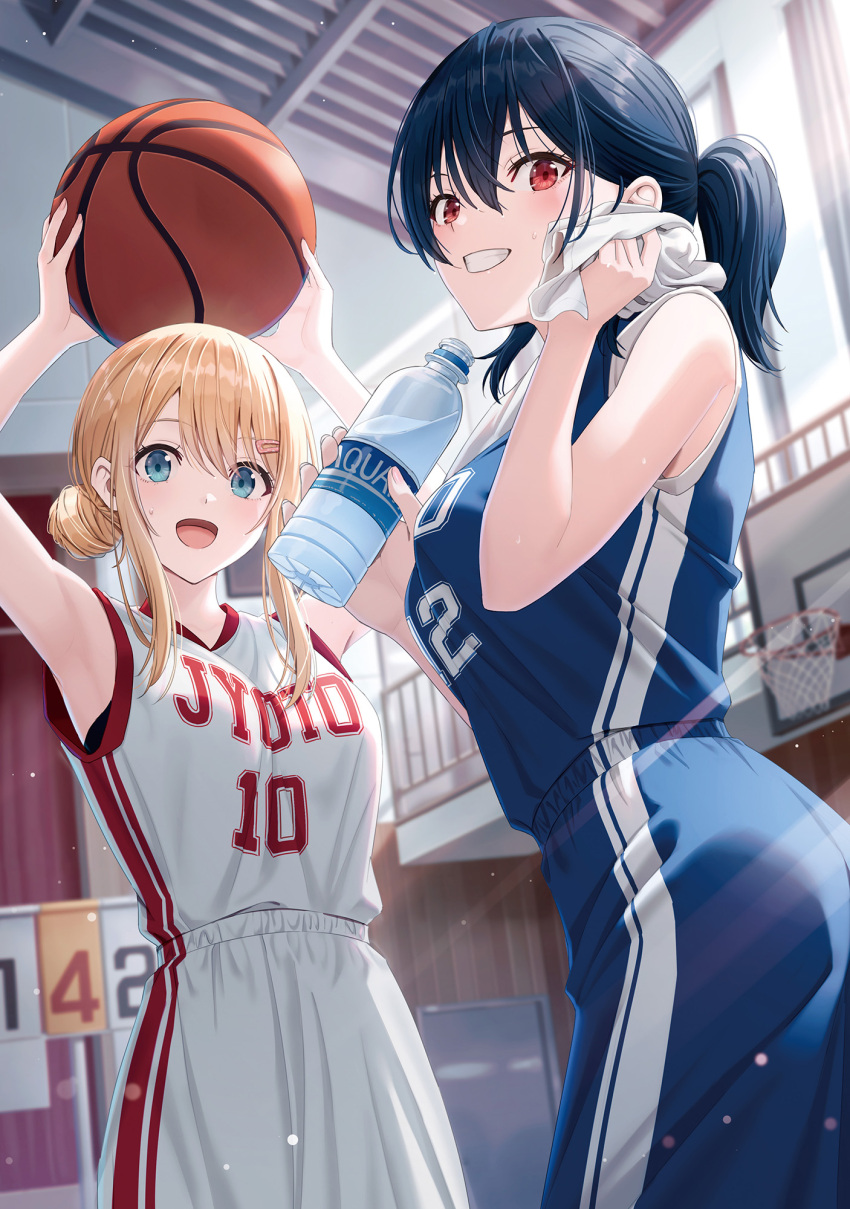 2girls :d arms_up ball basketball_(object) basketball_hoop basketball_jersey basketball_uniform black_hair blonde_hair blue_eyes bottle breasts hair_bun hair_ornament hairclip highres holding holding_bottle hyuuga_azuri indoors long_hair looking_at_viewer medium_breasts multiple_girls original parted_lips red_eyes short_ponytail smile sportswear towel towel_around_neck water_bottle white_towel wiping_sweat