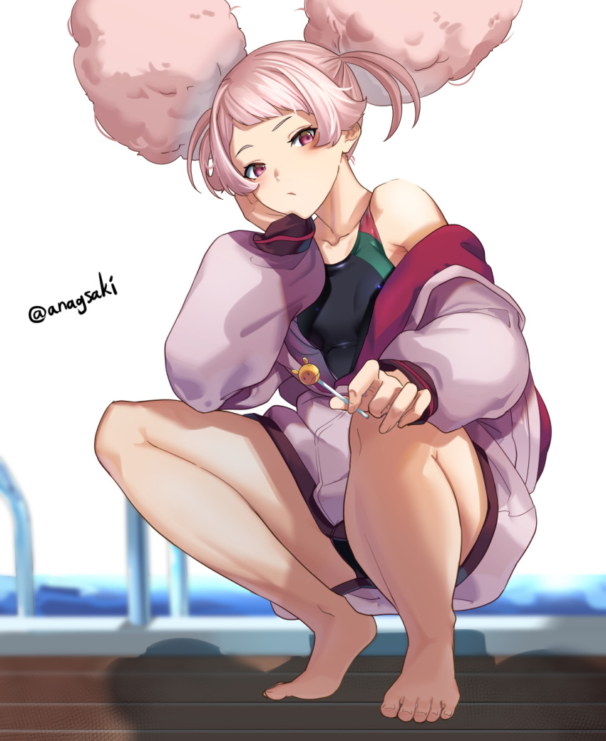 1girl afro_puffs aona_(anagasaki) barefoot candy chuatury_panlunch chupa_chups competition_swimsuit food gundam gundam_suisei_no_majo head_rest highres holding holding_candy holding_food holding_lollipop jacket lollipop long_hair looking_at_viewer off_shoulder one-piece_swimsuit pink_eyes pink_hair pool poolside solo swimsuit twitter_username