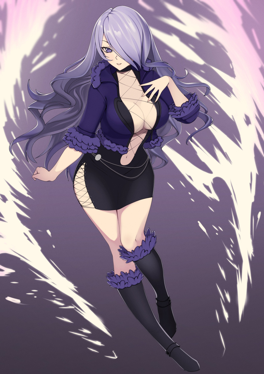 1girl absurdres alternate_costume black_choker black_dress black_footwear boots breasts camilla_(fire_emblem) center_opening choker cleavage cosplay dress fire_emblem fire_emblem_fates fishnet_top fishnets full_body fur-trimmed_boots fur-trimmed_jacket fur_trim highres impossible_clothes jacket knee_boots large_breasts looking_at_viewer mari48240422 navel open_clothes open_jacket plunging_neckline purple_eyes purple_hair shermie_(kof) shermie_(kof)_(cosplay) side_slit solo the_king_of_fighters wavy_hair