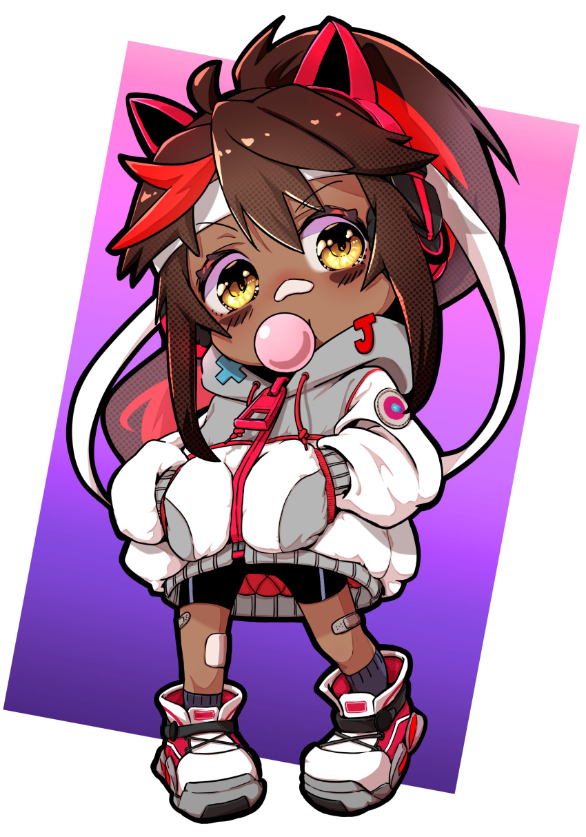 1girl absurdres animal_ear_headphones animal_ears bandaid bandaid_on_face bike_shorts brown_hair bubble chewing_gum dark-skinned_female dark_skin fake_animal_ears full_body hair_between_eyes hands_in_pockets headphones highres jacket juliette_(omega_strikers) long_hair long_sleeves looking_at_viewer multicolored_hair omega_strikers pokechun29 ponytail red_hair shoes solo streaked_hair yellow_eyes zipper_pull_tab