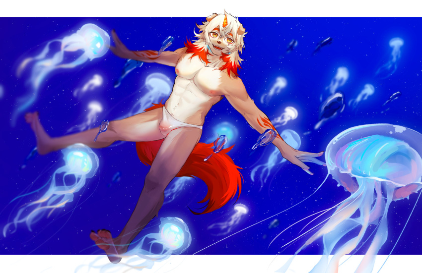 2023 absurd_res anthro arknights arm_tattoo canid canine canis clothing cnidarian diving domestic_dog freegutchang69 fur hair hi_res horn hung_(arknights) hypergryph jellyfish long_hair looking_away male mammal marine medusozoan orange_hair orange_horn orange_tail smile solo studio_montagne tail tan_body tan_fur tattoo underwear white_body white_fur white_hair yellow_eyes