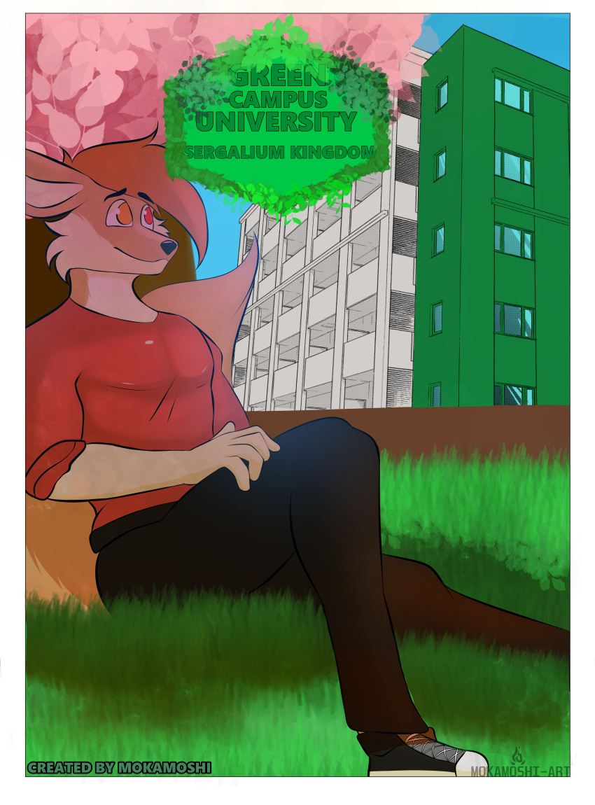 absurd_res anthro building canid canine cherry_tree clothing comic fennec fox fruit_tree grass green_campus_university heterochromia hi_res logo male mammal mokamoshi plant sky solo tree watermark