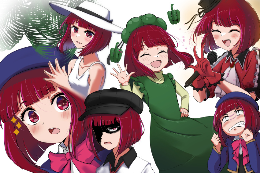 1girl absurdres arima_kana ascot bell_pepper beret black_headwear black_vest blue_headwear blue_jacket bob_cut bow bowtie cabbie_hat closed_eyes collared_shirt cropped_jacket dress gloves green_dress haonfest hat highres holding holding_microphone inverted_bob jacket microphone multiple_views open_mouth oshi_no_ko palm_tree pink_bow pink_bowtie red_eyes red_gloves red_hair shirt sleeveless sleeveless_dress sun_hat sundress teeth tree upper_teeth_only vest white_ascot white_dress white_headwear