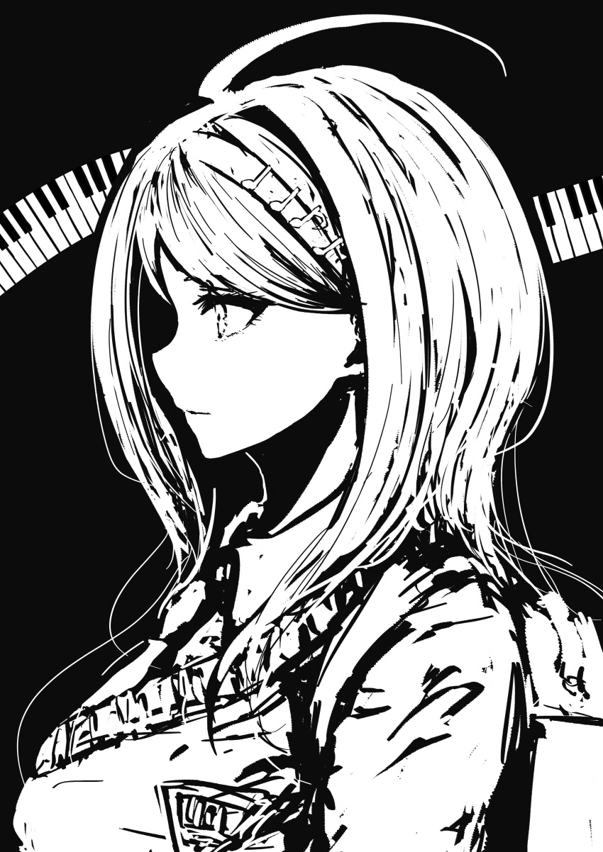 1girl absurdres ahoge akamatsu_kaede backpack bag black_background breasts closed_mouth collared_shirt danganronpa_(series) danganronpa_v3:_killing_harmony from_side hair_ornament highres kyua_moto large_breasts long_hair long_sleeves musical_note musical_note_hair_ornament profile shirt solo vest white_background