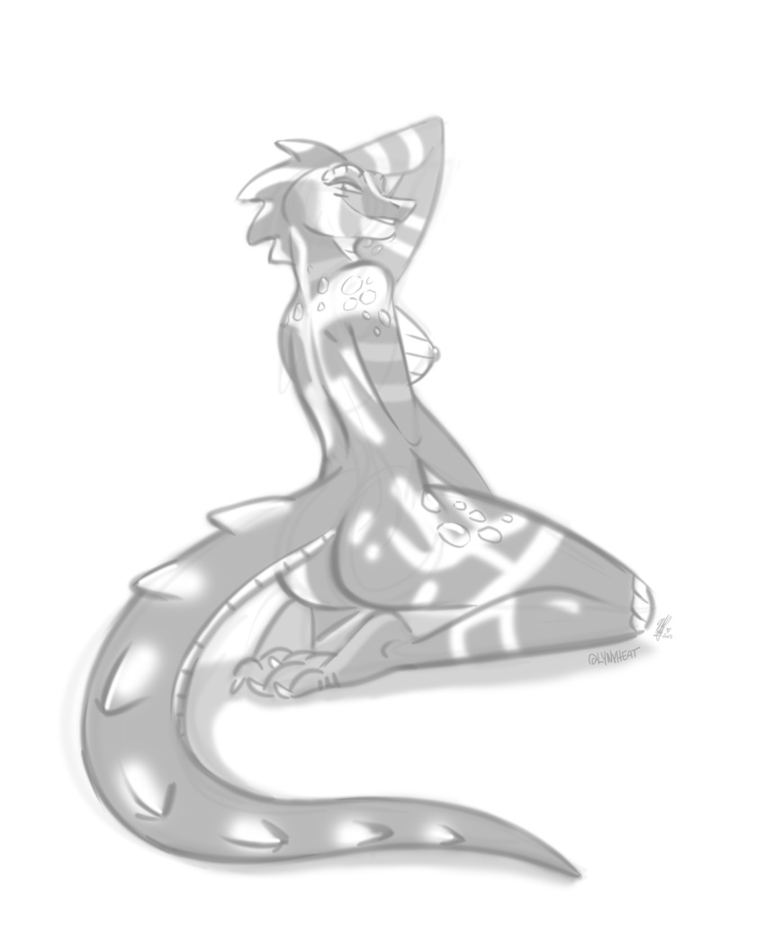 anthro argonian bethesda_softworks black_and_white breasts female hi_res lizard monochrome nicnak044 nipples pinup pose reptile scalie side_boob sketch solo the_elder_scrolls