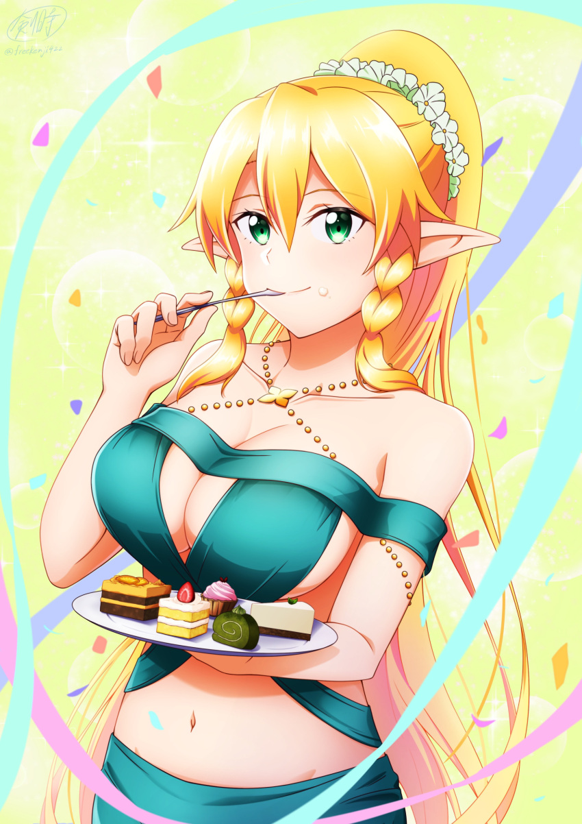 1girl bare_shoulders blonde_hair braid breasts cake cake_slice cheesecake chocolate_cake cleavage closed_mouth collarbone commentary confetti cowboy_shot cupcake dress eating elf flower food food_on_face green_background green_dress green_eyes groin hair_between_eyes hair_flower hair_ornament hand_up highres holding holding_plate holding_spoon ken-ji large_breasts leafa long_hair looking_at_viewer navel off-shoulder_dress off_shoulder plate pointy_ears ponytail revealing_clothes sidelocks signature smile solo spoon standing stomach swiss_roll sword_art_online twin_braids utensil_in_mouth very_long_hair