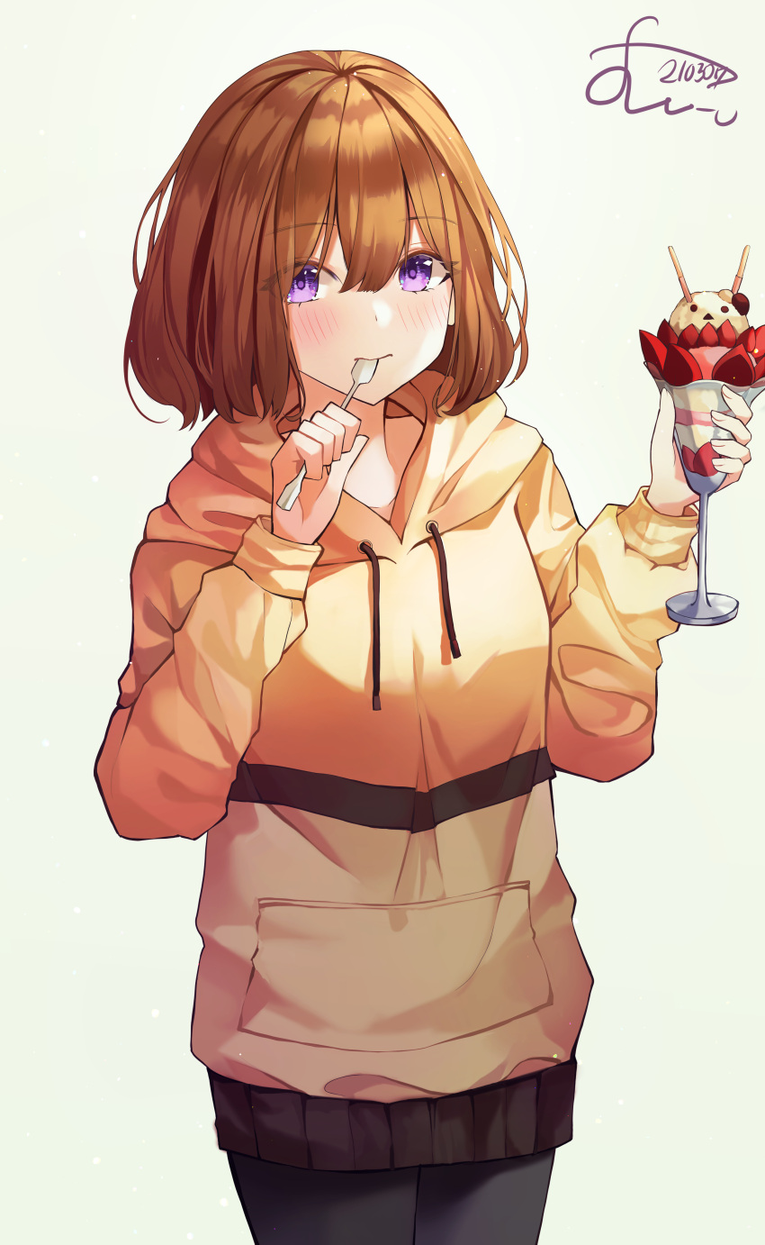 1girl absurdres black_pantyhose blend_s blush brown_hair brown_hoodie commentary cowboy_shot dated eating food fu_u03 gradient_background hair_between_eyes highres holding holding_food holding_ice_cream holding_spoon hood hoodie hoshikawa_mafuyu ice_cream ice_cream_spoon light_particles long_sleeves looking_at_viewer medium_hair pantyhose parfait purple_eyes signature solo spoon white_background