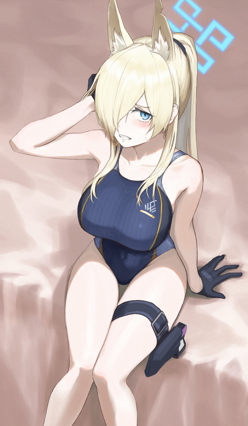 1girl absurdres alternate_costume animal_ear_fluff animal_ears bare_arms bare_shoulders black_gloves black_one-piece_swimsuit blonde_hair blue_archive blue_eyes blush breasts competition_swimsuit covered_navel dog_ears dog_girl extra_ears gloves gun hair_over_one_eye halo handgun highleg highleg_swimsuit highres holster holstered izumo_(ton_63) kanna_(blue_archive) large_breasts long_hair looking_at_viewer notched_ear one-piece_swimsuit sharp_teeth solo swimsuit teeth thigh_holster thigh_strap weapon