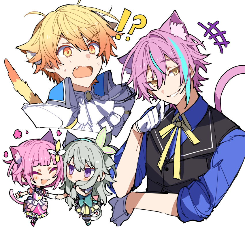 !? +++ 2boys 2girls absurdres animal_ears ascot black_vest blonde_hair blue_shirt cat_boy cat_ears cat_girl cat_tail dress gloves green_hair green_vest highres hoshi-toge kamishiro_rui kemonomimi_mode kusanagi_nene looking_at_viewer multiple_boys multiple_girls neck_ribbon ootori_emu pink_dress pink_hair project_sekai ribbon shirt short_hair simple_background tail tenma_tsukasa upper_body vest white_ascot white_background white_gloves wonderlands_x_showtime_(project_sekai) yellow_dress yellow_eyes yellow_ribbon