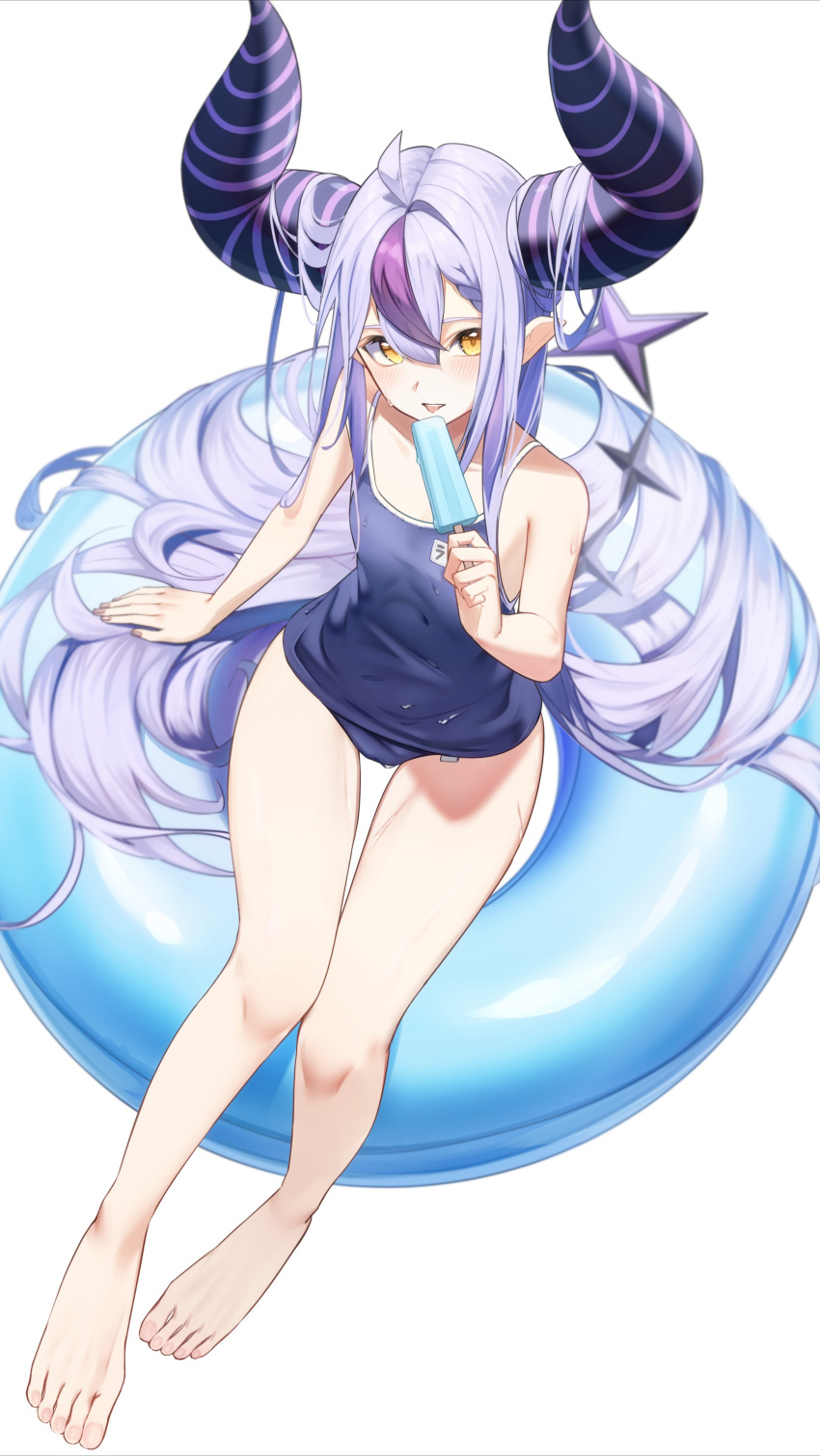 1girl absurdres arm_support bare_legs barefoot black_horns blue_one-piece_swimsuit blush braid braided_bangs breasts collarbone demon_horns feet food full_body hair_between_eyes hand_up highres holding holding_food holding_popsicle hololive horns innertube la+_darknesss legs light_purple_hair long_hair multicolored_hair name_tag on_innertube one-piece_swimsuit open_mouth pero_(peroneko0510) popsicle purple_hair simple_background sitting small_breasts solo streaked_hair striped_horns swept_bangs swimsuit teeth thighs toenails toes upper_teeth_only very_long_hair virtual_youtuber white_background yellow_eyes