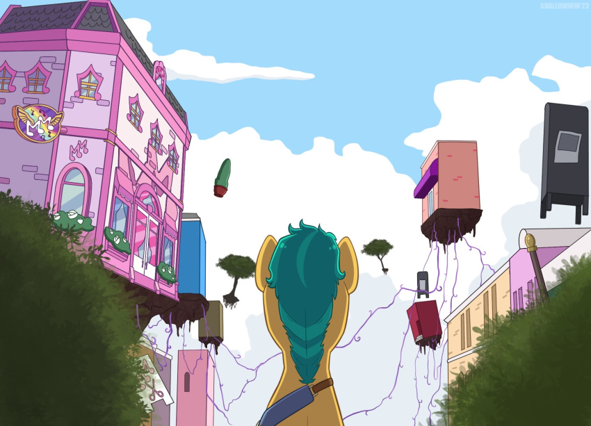 cable cloud earth_pony equid equine floating_building hasbro hi_res hitch_trailblazer_(mlp) horse mailbox male mammal maretime_bay mlp_g5 my_little_pony plant pony sash shallowwin sky town tree turquoise_hair