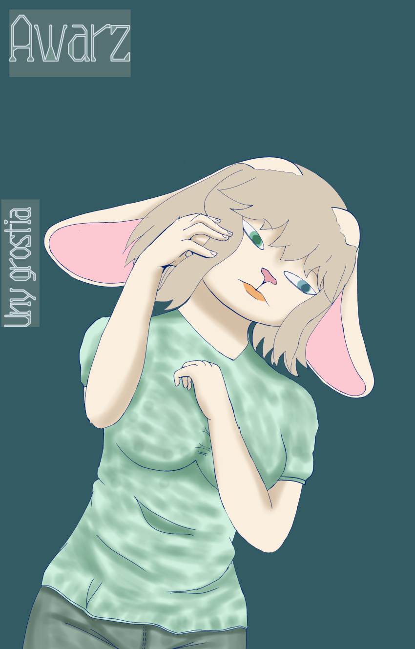 absurd_res anthro awarz clothing female heterochromia hi_res lagomorph lips mammal orange_lips pajamas simple_background solo trans_(lore) uny_grostia upset