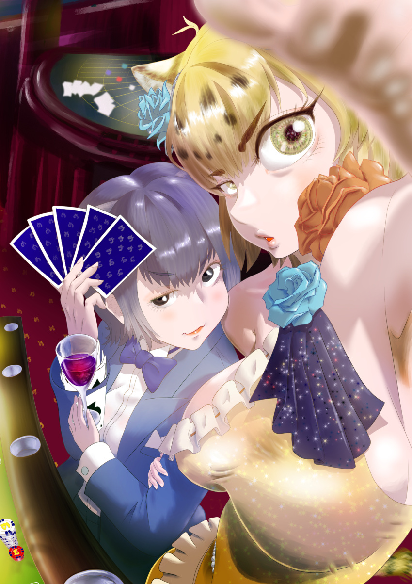 2girls aburaeoyaji alternate_costume animal_ears arm_up armpits ascot bare_shoulders black_eyes black_hair blonde_hair bow bowtie breasts card casino_card_table covered_nipples dress extra_ears eyelashes fisheye flower foreshortening formal from_above green_eyes grey_hair hair_flower hair_ornament half-closed_eye hand_up height_difference highres holding holding_card indoors jacket jaguar_(kemono_friends) jaguar_ears jaguar_girl jaguar_tail kemono_friends large_breasts lips locked_arms long_sleeves looking_at_viewer medium_hair multicolored_hair multiple_girls open_clothes open_jacket outstretched_arm parted_lips playing_card poker_table reaching_towards_viewer rose shirt side-by-side sideboob small-clawed_otter_(kemono_friends) smirk smug suit suit_jacket table tail translation_request two-tone_hair