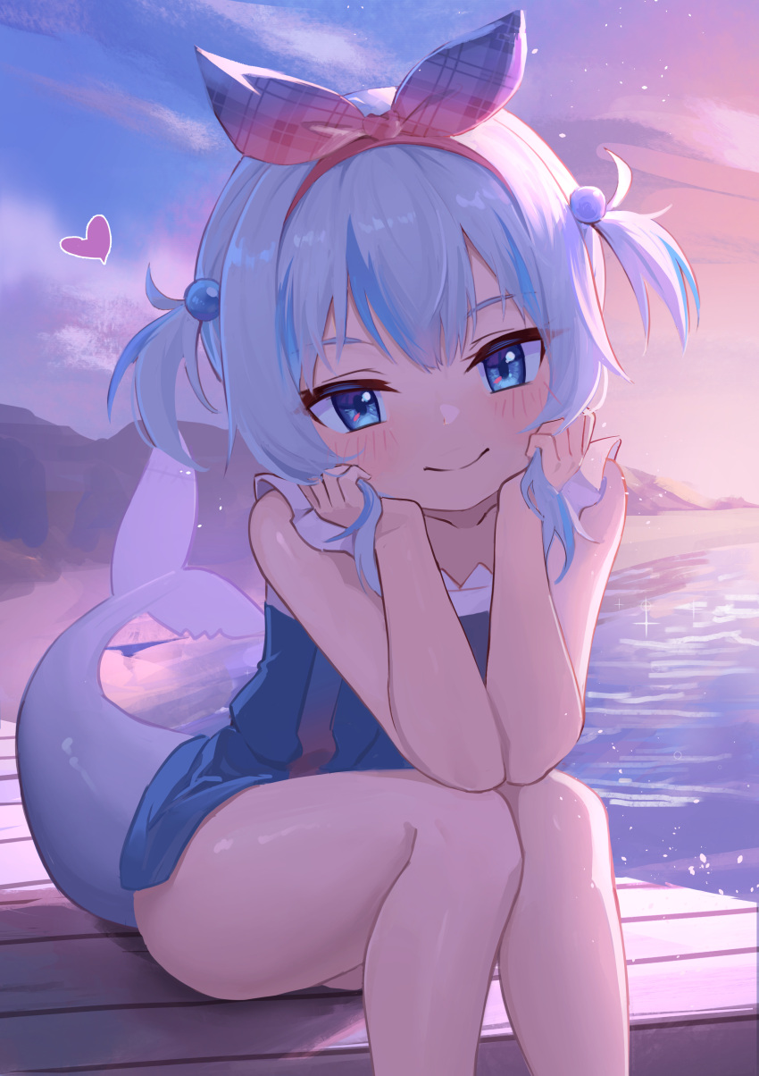 1girl absurdres beach blue_eyes blue_hair blue_skirt blue_sky blush bow bow_hairband closed_mouth cloud fins fish_tail frilled_sleeves frills gawr_gura gawr_gura_(2nd_costume) gradient_skin hair_bobbles hair_ornament hairband hands_on_own_cheeks hands_on_own_face head_rest heart highres hirotaka0125 hololive hololive_english looking_at_viewer mountainous_horizon multicolored_hair ocean official_alternate_costume official_alternate_hairstyle orange_sky outdoors plaid plaid_bow shark_girl shark_tail shirt short_hair short_sleeves sidelocks sitting skirt skirt_set sky smile sparkle streaked_hair tail thighs twilight two_side_up virtual_youtuber water white_hair white_shirt