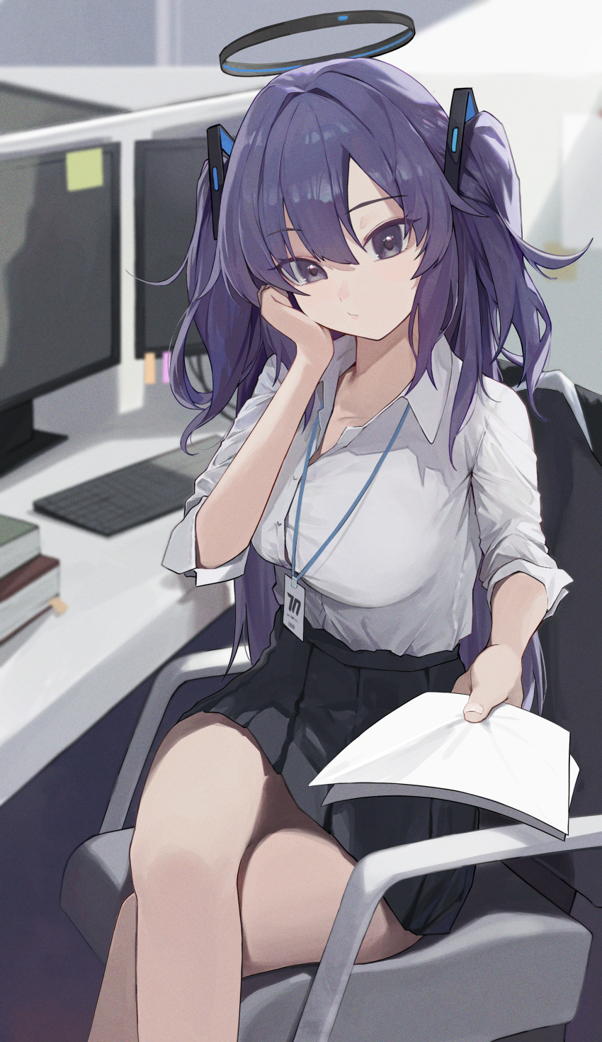 1girl absurdres alternate_costume bare_legs black_skirt blue_archive blush breasts crossed_legs feet_out_of_frame halo hand_on_own_cheek hand_on_own_face harui_(huruyi_817) head_rest highres holding holding_paper indoors keyboard_(computer) lanyard large_breasts looking_at_viewer miniskirt monitor on_chair open_collar paper pleated_skirt purple_eyes purple_hair shirt shirt_tucked_in sitting skirt solo sticky_note two_side_up white_shirt yuuka_(blue_archive)