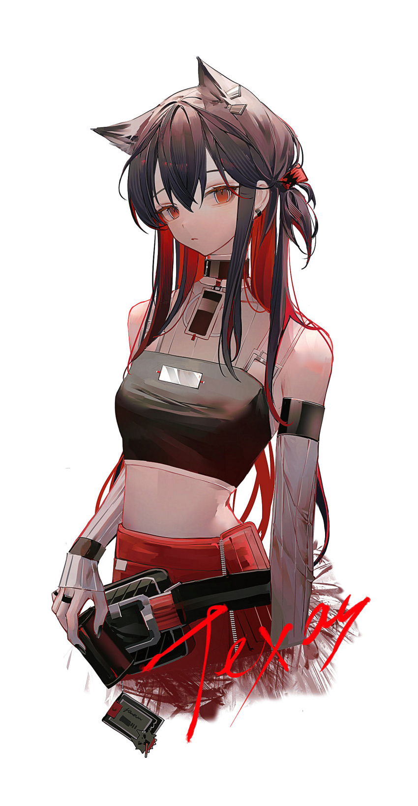 0_(znanimo) 1girl absurdres alternate_costume animal_ear_fluff animal_ears arknights armpit_crease bare_shoulders belt belt_buckle belt_choker belt_pouch black_belt black_choker black_hair black_nails black_pouch black_shirt breasts buckle character_name choker circle_cutout closed_mouth clothing_cutout collared_shirt colored_inner_hair commentary cowboy_shot crop_top cropped_legs cropped_shirt detached_sleeves double-parted_bangs earclip expressionless extra_ears eyelashes fingernails from_side hair_between_eyes hair_flowing_over hair_ornament hairclip head_tilt high_collar highres holding id_card jewelry long_fingernails long_hair long_sleeves looking_at_viewer low_ponytail low_side_ponytail medium_breasts midriff multicolored_hair multicolored_shirt multiple_rings nail_polish no_navel pants parted_bangs ponytail pouch red_eyes red_hair red_pants red_theme ring shirt short_ponytail side_ponytail sidelocks sideways sideways_glance simple_background sleeveless sleeveless_shirt sleeves_past_wrists solo standing stomach straight_hair striped striped_shirt symbol-only_commentary texas_(arknights) two-tone_hair two-tone_shirt vertical-striped_shirt vertical-striped_sleeves vertical_stripes very_long_hair white_background white_belt white_shirt white_sleeves wolf_ears wolf_girl zipper