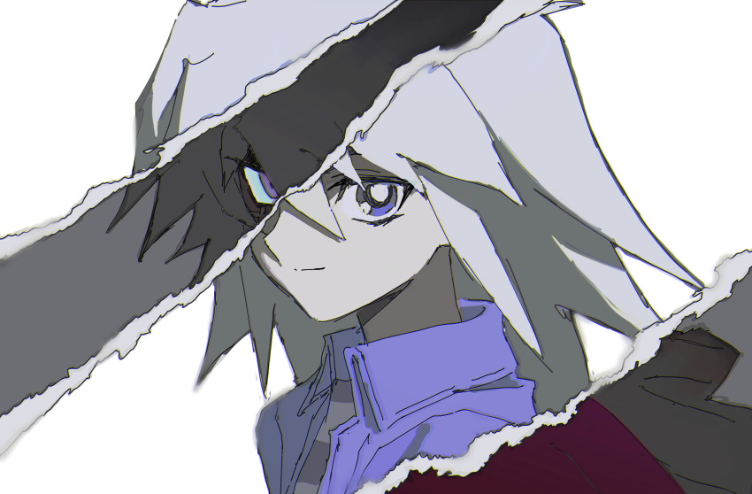 1boy absurdres bakura_ryou blue_eyes blue_shirt buib_(mekako_chan) closed_mouth collared_shirt grey_hair hair_between_eyes highres long_bangs long_hair looking_at_viewer male_focus page_tear portrait purple_eyes revealing_layer shirt simple_background smile solo touzokuou_bakura white_background yu-gi-oh! yu-gi-oh!_duel_monsters