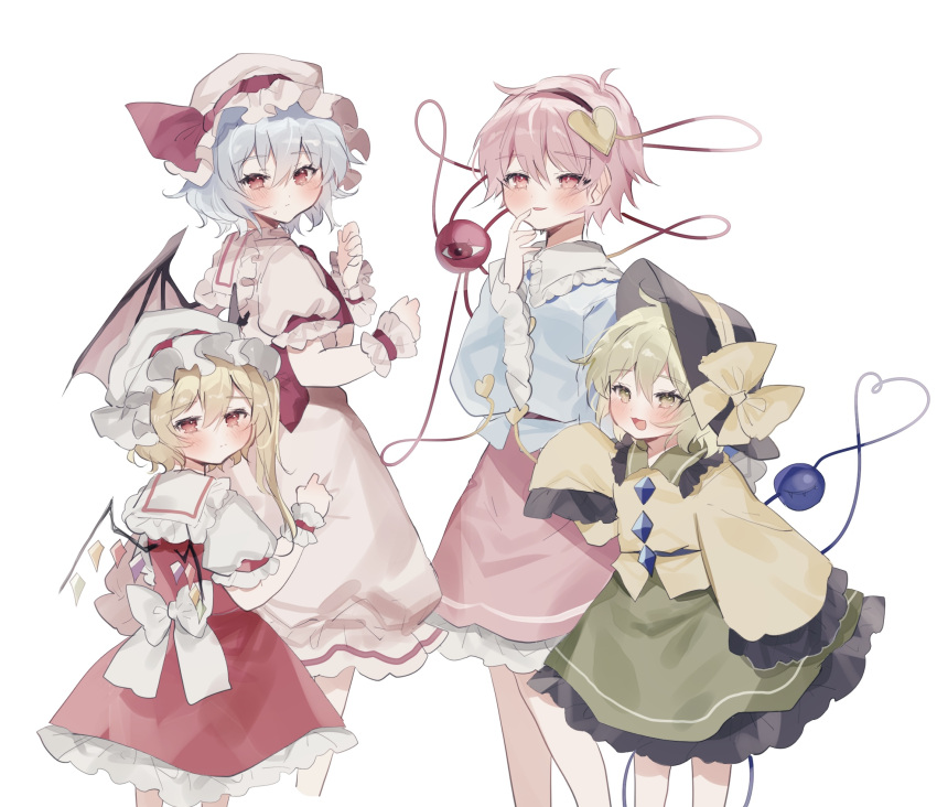 4girls :d \||/ aged_down back_bow bat_wings blue_shirt blush bow expressionless feet_out_of_frame finger_to_mouth flandre_scarlet floppy_sleeves hair_between_eyes hair_ornament hairband hand_up hat heart heart_hair_ornament heart_of_string height_difference highres komeiji_koishi komeiji_satori looking_back mob_cap multiple_girls pink_hair pink_skirt remilia_scarlet shirt siblings simple_background sisters skirt sleeves_past_fingers sleeves_past_wrists smile sorani_(kaeru0768) standing third_eye touhou white_background white_bow wings yellow_bow yellow_shirt